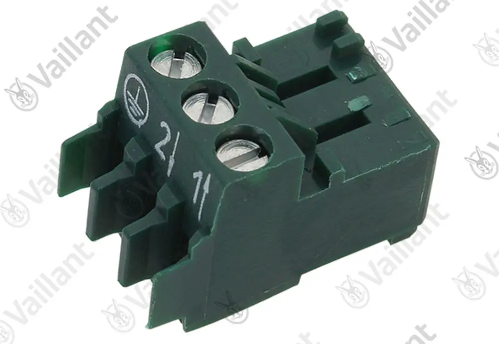 Vaillant-Steckverbinder, 3-polig, mit drei Anschlussklemmen, grüne Kunststoffbauweise. Elektronisches Bauteil für spezifische Anwendungen.